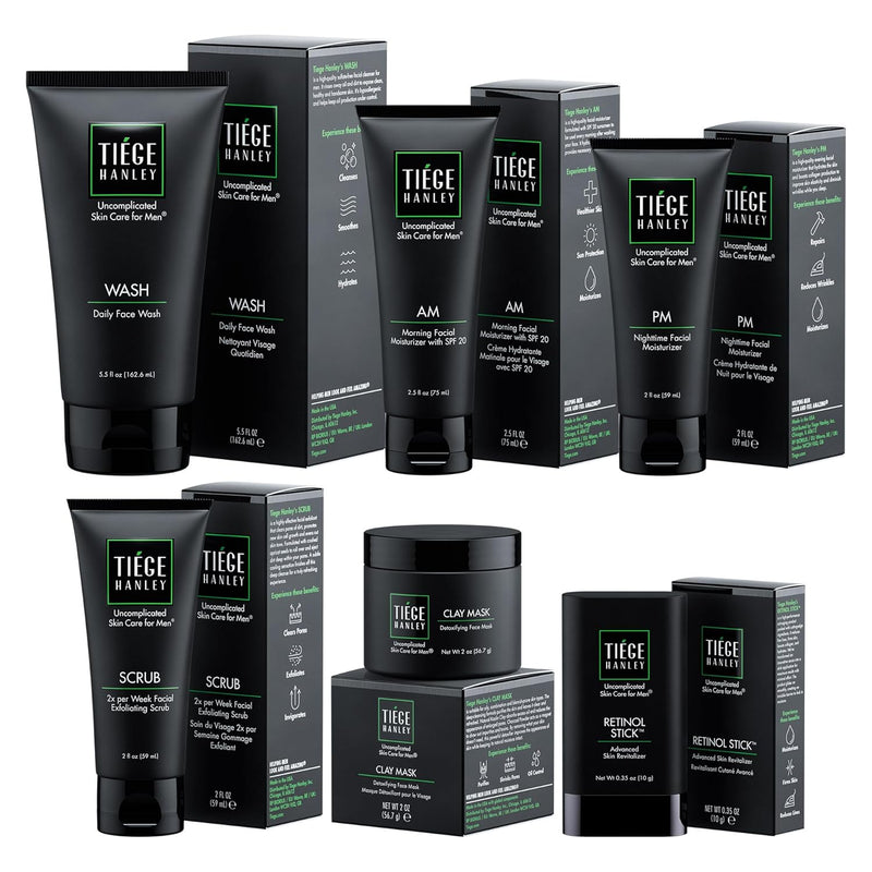 Tiege Hanley Skin Care Set for Men, Anti Aging Routine, System Level 3, Daily Face Wash, Facial Scrub, Two Moisturizers, Eye Cream, and Serum for Healthy, Hydrated Skin, Men’s Skin Care, 6 Piece Kit