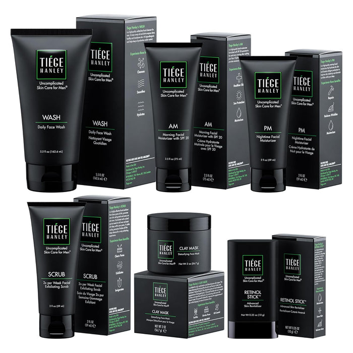 Tiege Hanley Skin Care Set for Men, Anti Aging Routine, System Level 3, Daily Face Wash, Facial Scrub, Two Moisturizers, Eye Cream, and Serum for Healthy, Hydrated Skin, Men’s Skin Care, 6 Piece Kit
