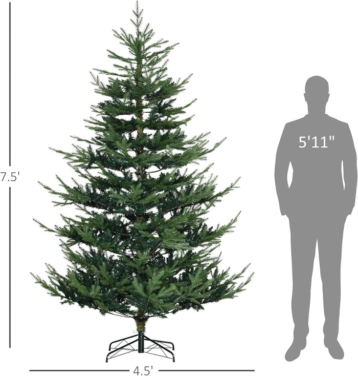 HOMCOM 7.5 Foot Artificial Christmas Tree, Pine Hinged Xmas Tree with 1218 Realistic Branches, Steel Base, Auto Open, Green