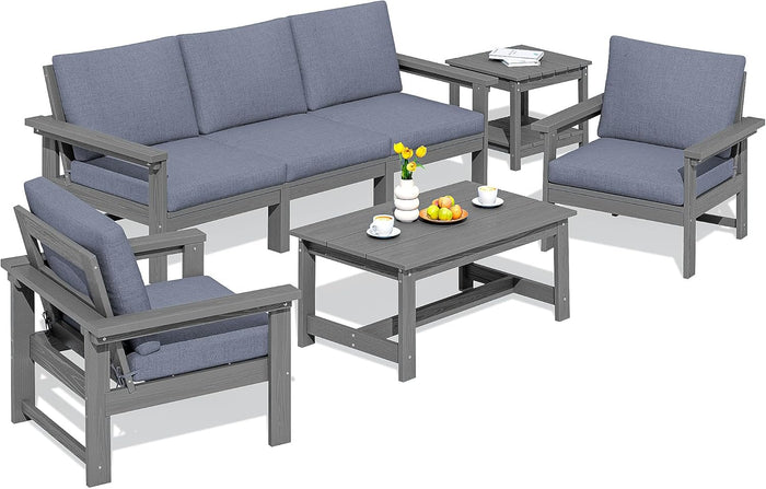 SERWALL HDPE Patio Furniture Set, 7-Piece Outdoor Sectional Sofa Set, All Weather Outdoor Couch Set for Deck, Lawn, Black Frame with Khaki Cushion