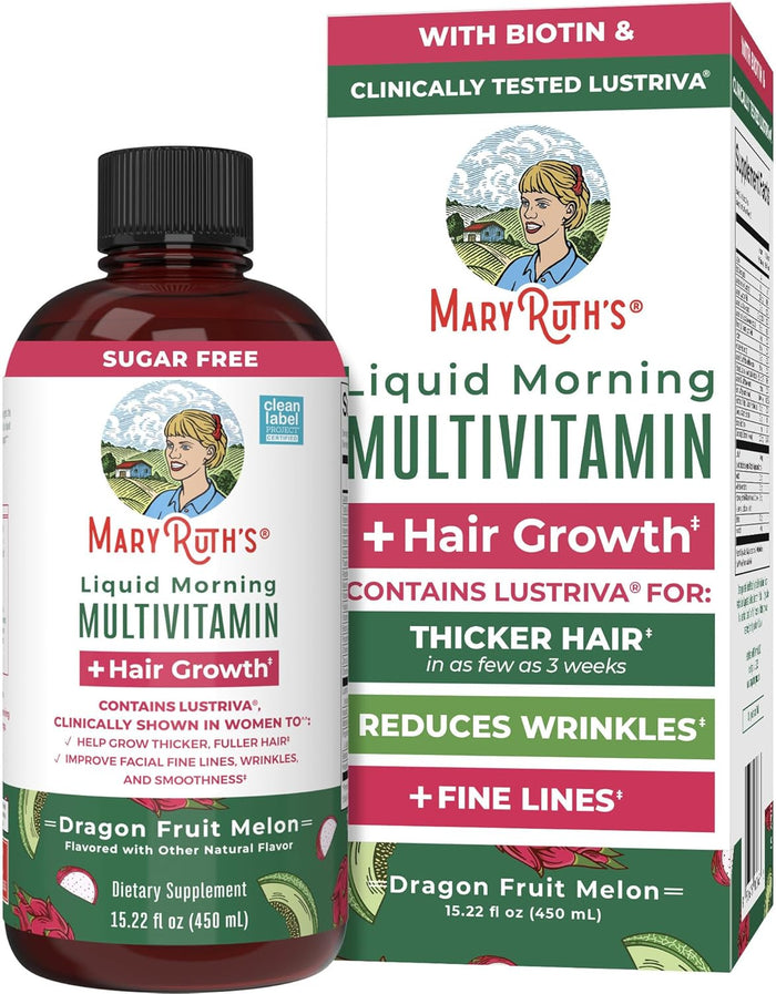MaryRuth's Liquid Multivitamin + Hair Growth | Biotin 10000mcg | Lustriva Hair Growth Supplement | Clinically Tested in Women for Thicker Hair & Facial Wrinkles | Skin Care | Ages 18+ | 15.22 Fl Oz