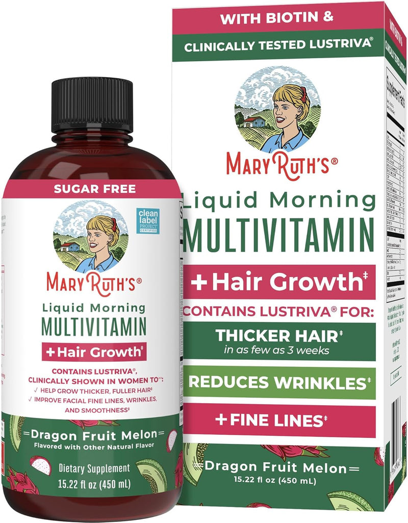 MaryRuth's Liquid Multivitamin + Hair Growth | Biotin 10000mcg | Lustriva Hair Growth Supplement | Clinically Tested in Women for Thicker Hair & Facial Wrinkles | Skin Care | Ages 18+ | 15.22 Fl Oz