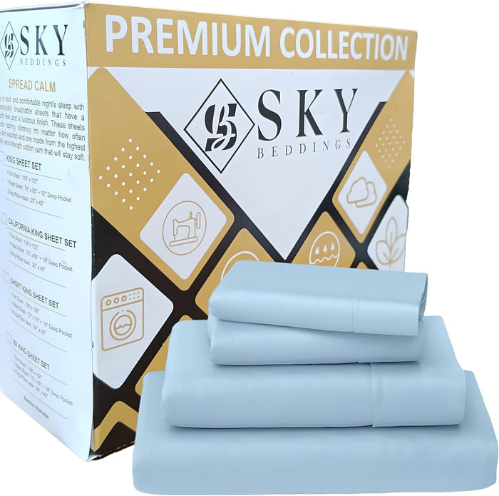 SKY BEDDINGS 100% Cotton RV Short Queen Sheets - 400 Thread Count Sateen Weave, Cooling, Hotel Luxury 4 Piece Set - White