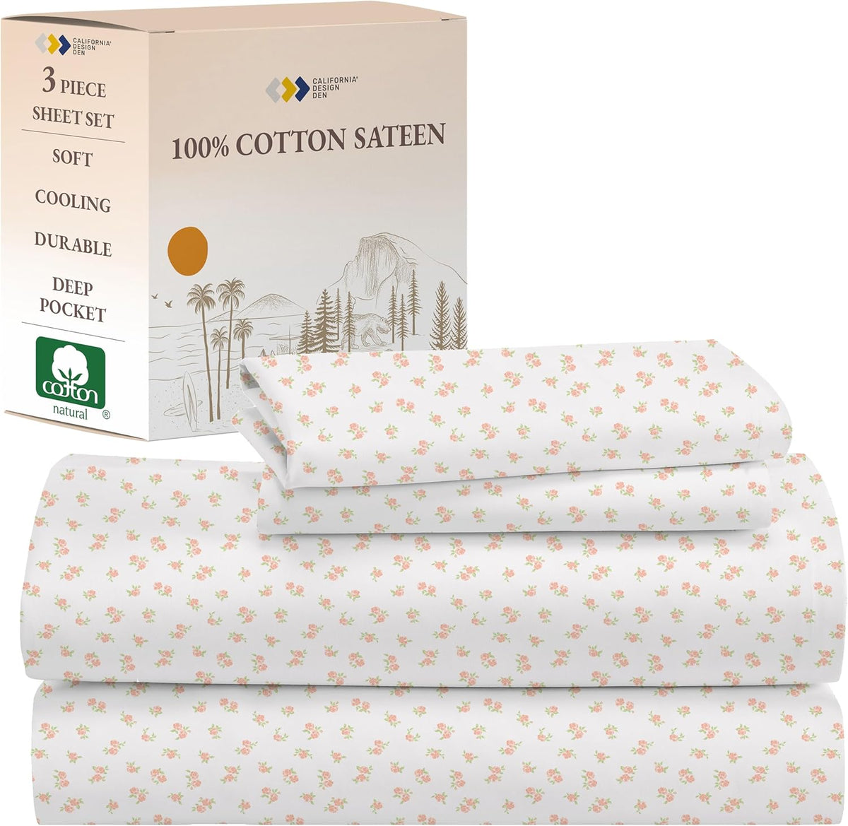 California Design Den Full Size Sheets Set - Natural 100% Cotton Bed Sheets, Soft Sateen Weave, Fully Elasticized Deep Pockets, Breathable, Cooling and Durable Bedding - Doll Pink
