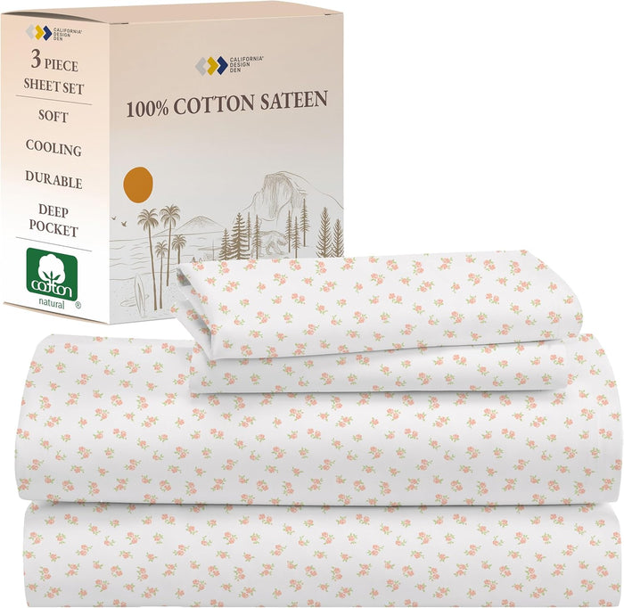 California Design Den Full Size Sheets Set - Natural 100% Cotton Bed Sheets, Soft Sateen Weave, Fully Elasticized Deep Pockets, Breathable, Cooling and Durable Bedding - Doll Pink