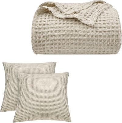 PHF Ultra Soft Summer Waffle Beeding Set- Linen Euro Shams and Blanket