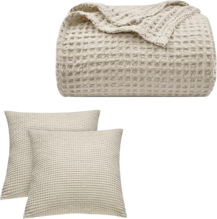 PHF Ultra Soft Summer Waffle Beeding Set- Linen Euro Shams and Blanket