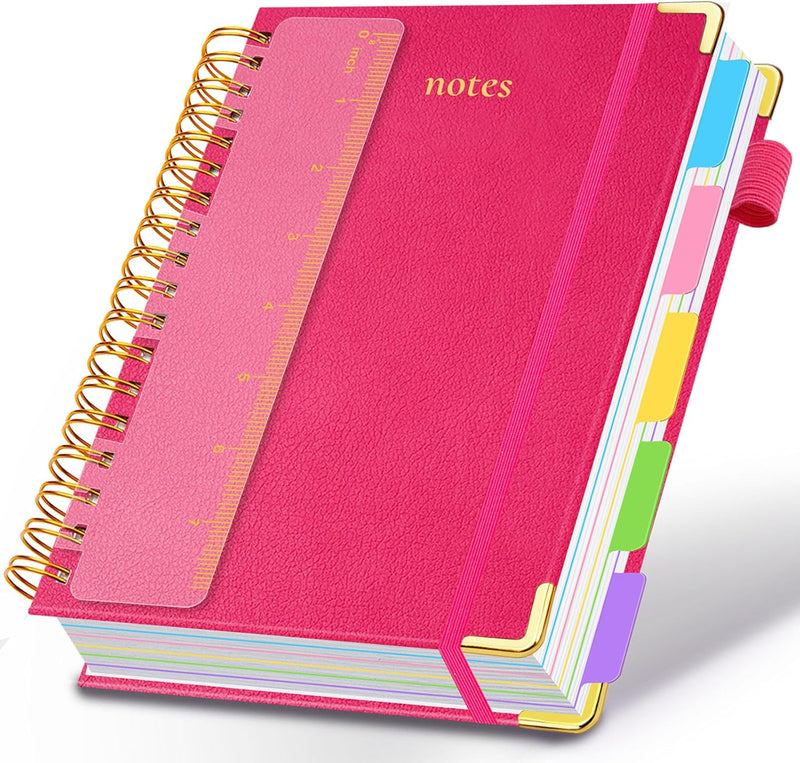 Hardcover Spiral Notebook 8"x10" Journal Notebook with Tabs and Removable Dividers 300 Pages 5 Subject Notebook College Ruled, Faux Leather Spiral Bound Notebook for Women School Work (Blue)