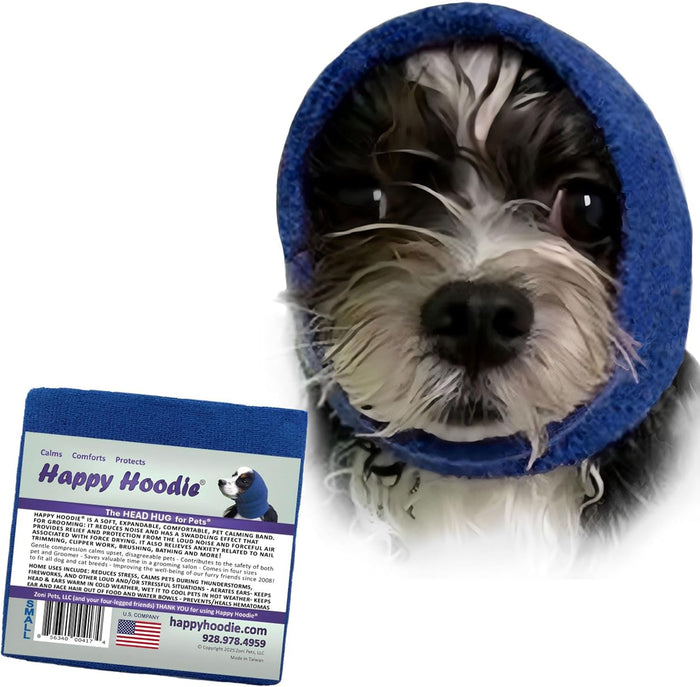 Happy Hoodie The Original Dog & Cat Calming Band - American Brand - Anxiety Relief/Noise Protection-Grooming-Thunder-Fireworks (Large, Blue) - Since 2008