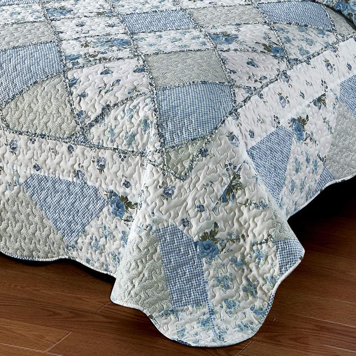 VIVILINEN Blue Floral Patchwork Quilt Set King Size Reversible Quilted Bedding Set with 2 Pillowcases