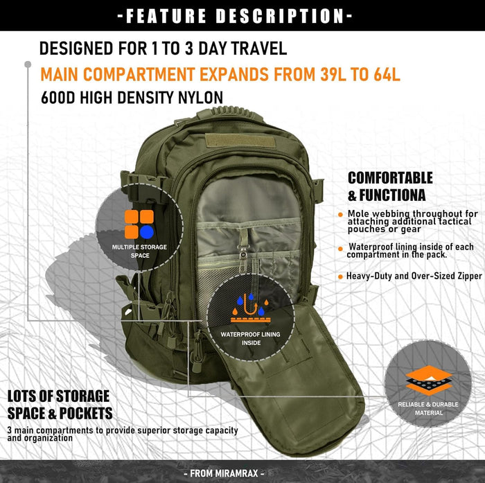 Tactical Backpack Military Hiking Daypack - Molle Backpack for Men 3 Day Assault Pack Bug Out Bag for Camping Travel Army Hunting Gym Rucksack Survival (Green)