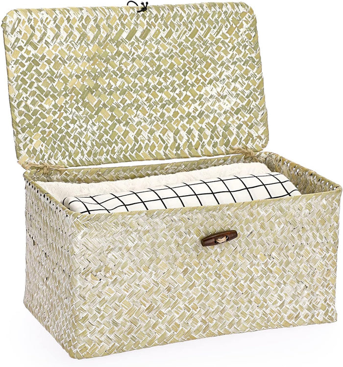 Hipiwe Wicker Shelf Baskets Bin with Lid, Handwoven Seagrass Basket Storage Bins Rectangular Household Basket Boxes for Shelf Wardrobe Home Organizer, Coffee Small
