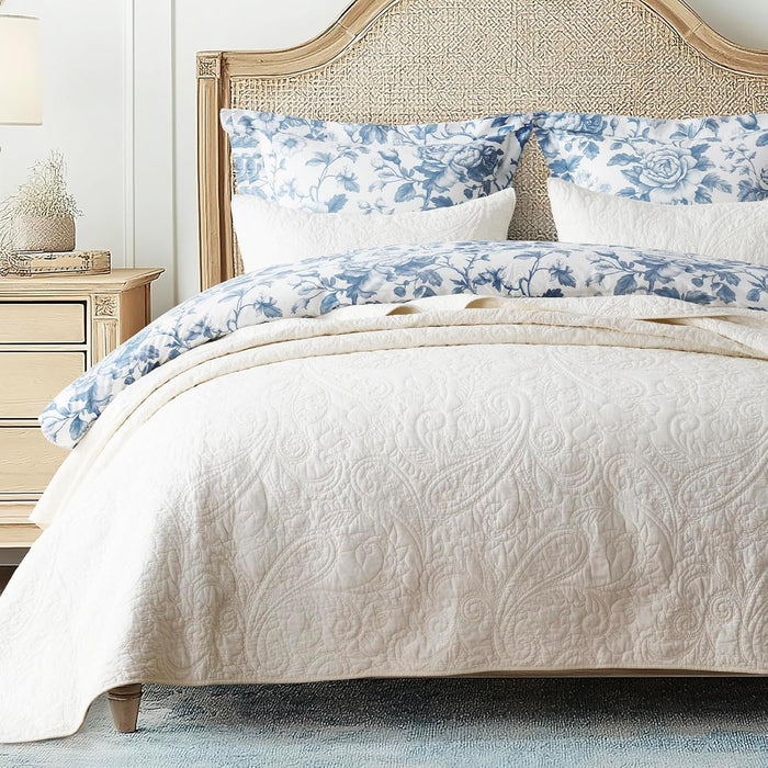 EVERGRACE 100% Cotton Paisley Quilt Set, King Size 3 Piece Set – Prewashed Lightweight Bedspread with 2 Shams, Soft & Breathable Matelasse Coverlet for All-Season Comfort, Flax Beige
