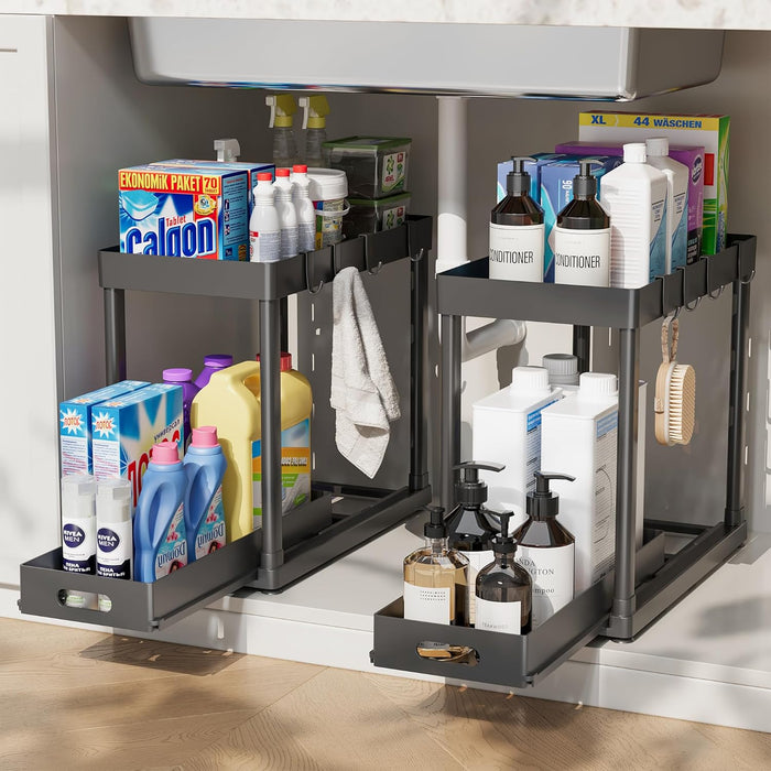 2PC Under Sink Organizer Rack 2 Tier Under Sliding Cabinet Basket Organizer Drawer with 4 Hooks, Multi-purpose Under Sink Storage for Bathroom Kitchen Desktop（Black）