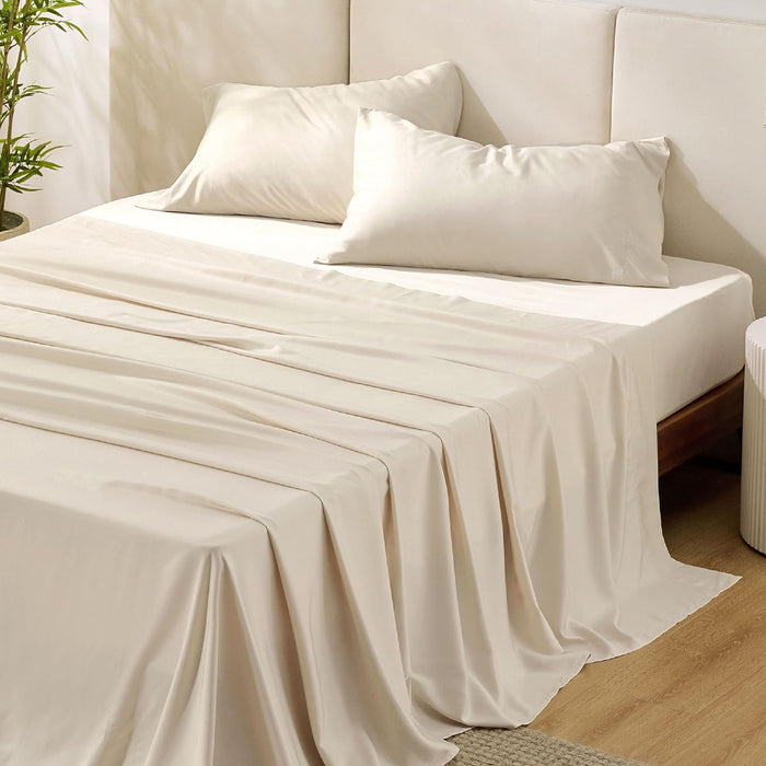 Bedsure Queen Sheet Set, Cooling Sheets for Queen Size Bed Set, Rayon Derived from Bamboo, Breathable & Soft, Deep Pocket Up to 16 Inches, Hotel Luxury Silky Bedding for Hot Sleepers, White