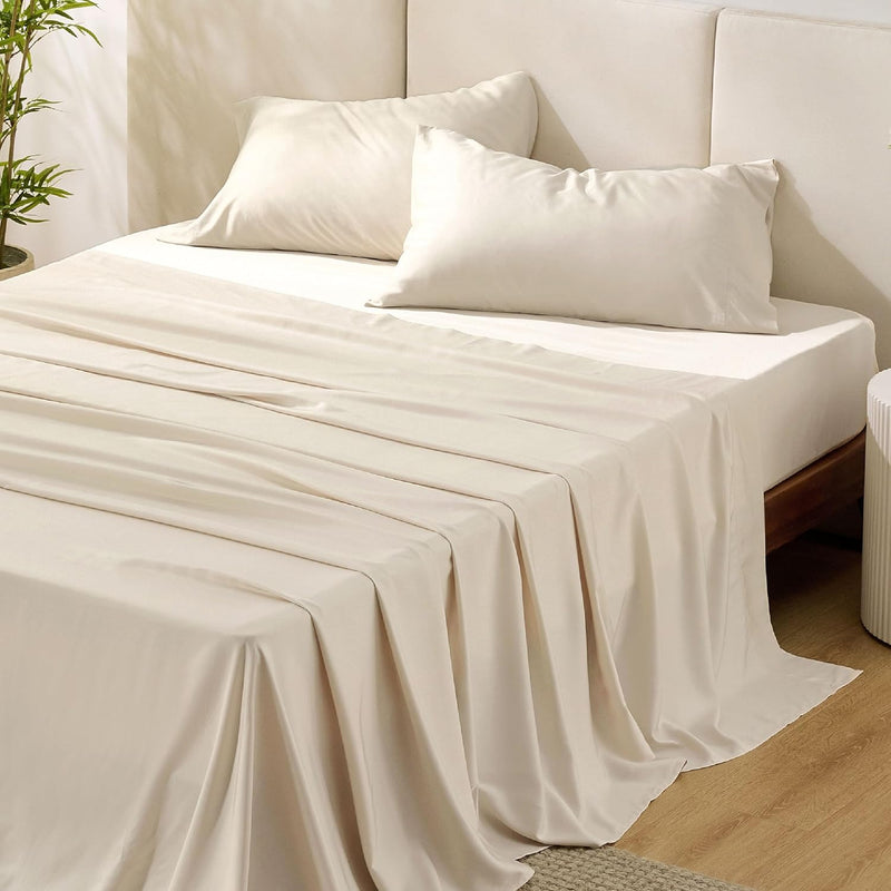 Bedsure Queen Sheet Set, Cooling Sheets for Queen Size Bed Set, Rayon Derived from Bamboo, Breathable & Soft, Deep Pocket Up to 16 Inches, Hotel Luxury Silky Bedding for Hot Sleepers, White