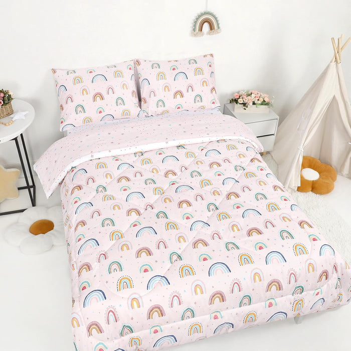 Toddler Bedding Set for Girls, 4 Piece Rainbow Toddler Girl Bedding Set, Super Soft & Lightweight Toddler Comforter Set Includes Comforter, Flat Sheet, Fitted Sheet, Pillowcase (Pink)