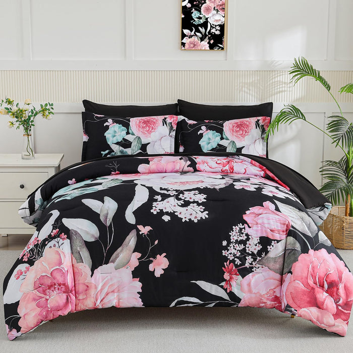 Yogeneg Queen Comforter Set 7 Piece Bed in a Bag,Elegant Floral Botanical Pattern Pink Bedding Set,Soft Microfiber Comforter with Sheet Set,All Season Bed Set(Blush Floral,Queen)
