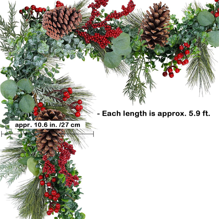 Winlyn 6' Long Artificial Eucalyptus and Pine Christmas Garland with Pine Cones Red Berries Pine Needles Winter Greenery Garland Christmas Season Holiday Wedding Table Runner Centerpiece Mantel Decor