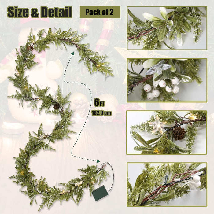6FT Pre-lit Two-Tone Olive Christmas Garland Set of 2 Battery Operated Artificial Greenery Winter Mistletoe Garland with Timer for Mantle, Stairs Railing, Patio,Table, Window, Front Door Holiday