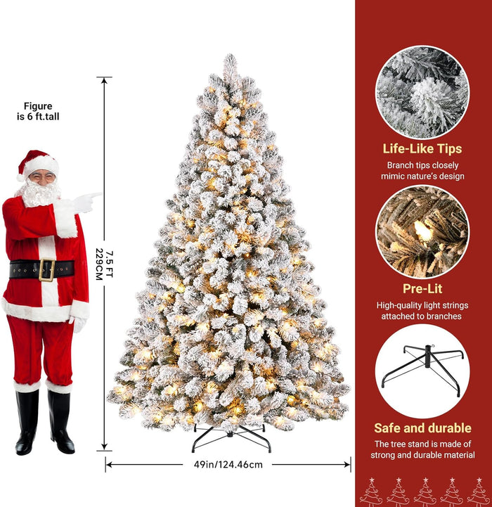 SHareconn 7.5ft Prelit Snow Flocked Spruce Artificial Christmas Tree with 350 Incandescent Warm White Lights, Foldable Stand, Snow Flocked Full Prelighted Xmas Tree W/1170 Branch Tips, 7.5 FT, White