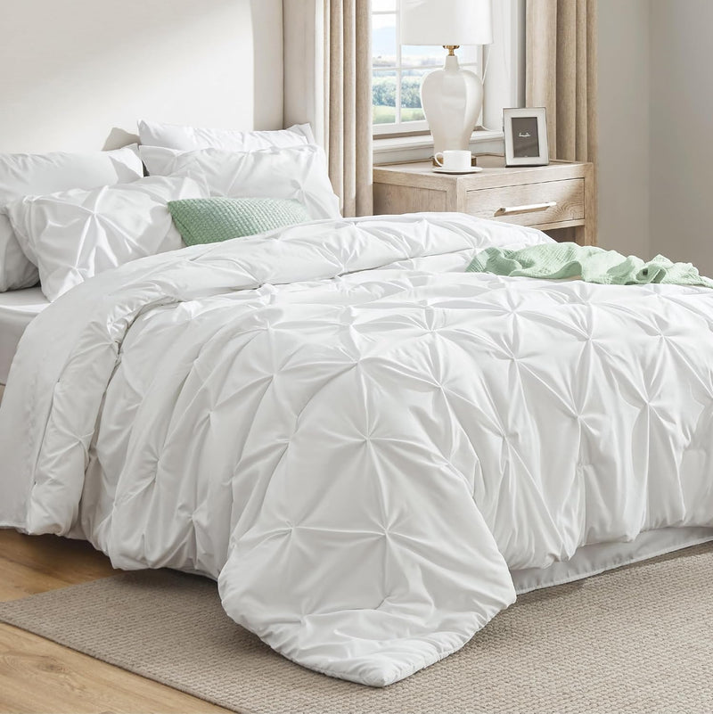 Bedsure Queen Comforter Set Beige - Bed in a Bag Queen Size Bedding 7 Pieces, GentleSoft™ Pintuck Bed Set Gift for Family, Pinch Pleat All Season Comforter with Sheets, Pillowcases & Shams