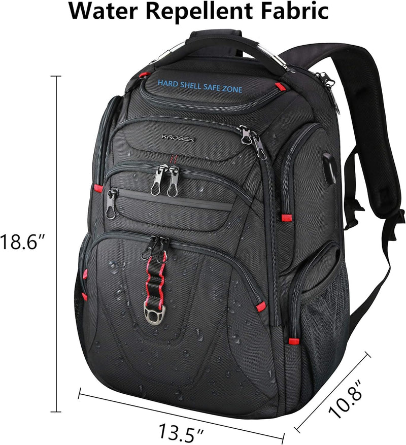 KROSER TSA Friendly Travel Laptop Backpack 17.3 inch XL Computer Backpack Water-Repellent College Daypack Business Backpack with RFID Pockets & USB Port for Men/Women-Black