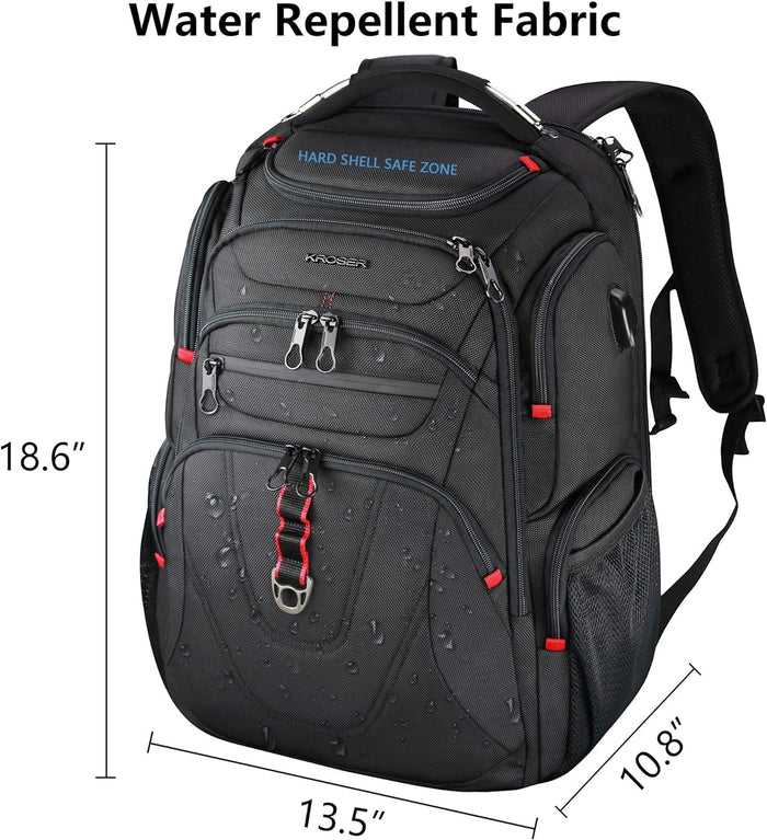 KROSER TSA Friendly Travel Laptop Backpack 17.3 inch XL Computer Backpack Water-Repellent College Daypack Business Backpack with RFID Pockets & USB Port for Men/Women-Black
