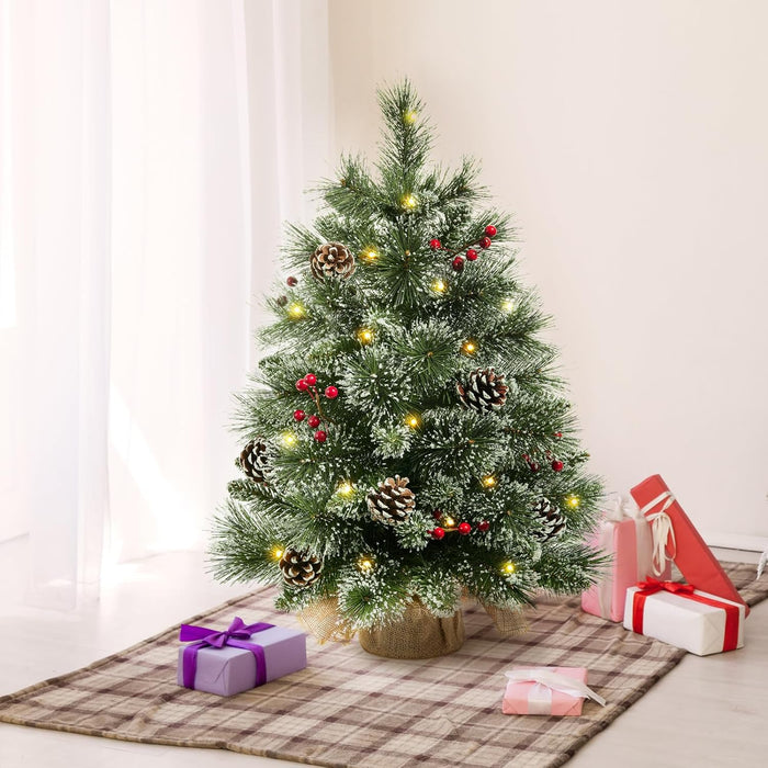 24" Mini Christmas Trees with Flocked Pine Needles, Pine Cones, Berries Decoration, 2 Ft Decorated Burlap Trees with 25 Led Lights, Kitchen Tabletop Artificial Pre Lit Christmas Tree