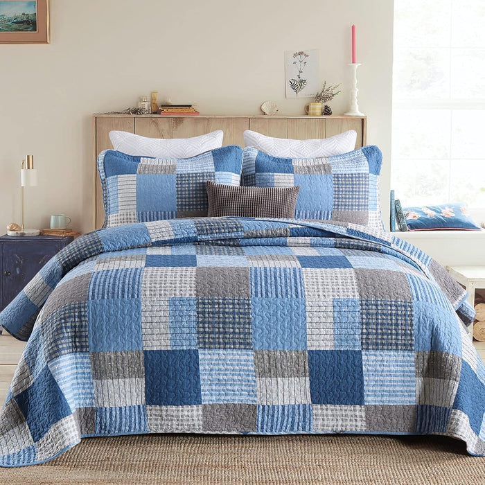 PANGUSHAN 100% Cotton Quilt Set King Size, Patchwork King Quilt Bedding Set Bedspreads, Farmhouse Lightweight Comforter Reversible Quilt, White/Brown/Grey Bed Spread for All Season, 3 Pieces