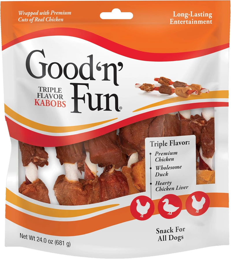Good ‘n’ Fun Triple Flavor Kabobs Chews for All Dogs, 24 Ounces, Treat Your Dog to Chews Made from Beef Hide, Real Chicken, Pork Hide, Duck and Chicken Liver