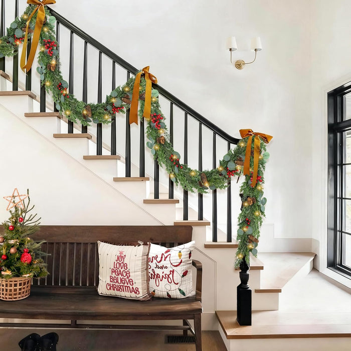 6ft Christmas Garland with Lights Artificial Cedar Cypress Garland with Pine Cones Garland for Home Fireplace Wall Indoor Outdoor Holiday Party Decoration