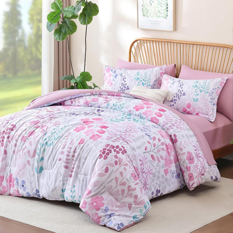 Xruibed Queen Comforter Set 7 Pieces, Blue Floral Bedding Set, Bed in a Bag Queen with Botanical Flowers Patterns, Soft Microfiber Complete Bedding Set with Sheets for All Season