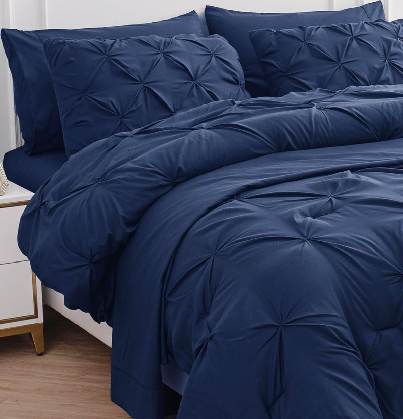 LANE LINEN White Comforter Set with Sheets, 7 Piece Bed in a Bag Queen Size, Pintuck Queen Bed Set, Ultra Soft Bedding Queen Size with Down Alternative Comforter, Sheets, Pillowcases & Shams - White