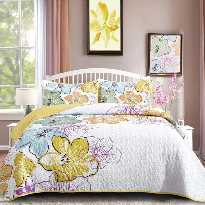 DJY 3 Pieces Quilt Set King Blue Floral Pattern Quilt Coverlet Elegant Bohemian Bedspread with 2 Pillow Shams Soft Lightweight Bedding Quilt Set for Adults (Blue, 104"x90")