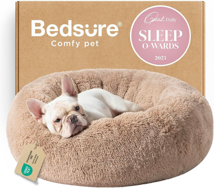 Bedsure Calming Dog Bed for Small Dogs - Donut Washable Small Puppy Bed, 23 inches Anti-Slip Round Fluffy Plush Faux Fur Large Cat Bed, Fits up to 25 lbs Pets, Camel