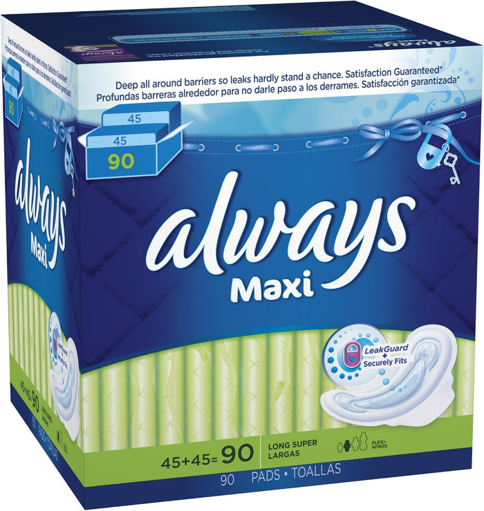 Always Maxi Feminine Pads with Wings for Women, Size 2, Long Super Absorbency, Unscented 60 Count