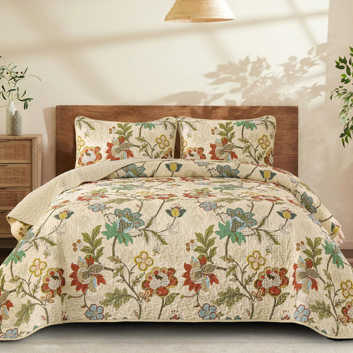 WONGS BEDDING Floral Quilt Set King Size, Grey Botanical King Bedspread Bedding Sets Soft Lightweight Microfiber Flower Gray Coverlet Set 3 Pieces for All Season (104"x90")