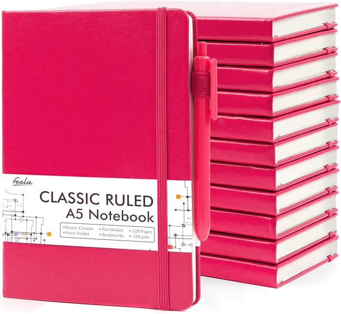 feela 12 Pack Notebooks Journals Bulk, Hardcover Notebook Classic Ruled Journal Set with Pen Holder for School Business Work Travel Writing, with 12 Black Pens, 120 GSM, 5.1”x8.3”, A5, Purple