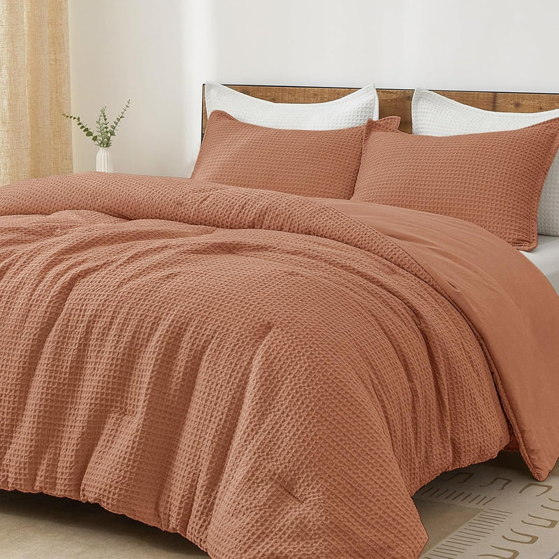 PHF Ultra Soft Waffle Weave Comforter Set Queen Size, 3 Pieces Lightweight Breathable Comfy Bedding Set, Comfy Textured 1 Comforter with 2 Pillow Shams, Black