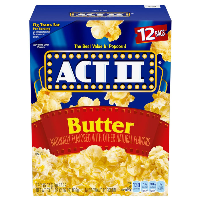 Act II Butter Lovers Microwave Popcorn, Movie Night Supplies, 2.75 oz., 3-Count Bags