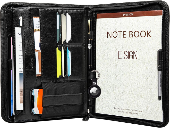 IVESIGN Faux Leather Portfolio Padfolio Organizer with Calculator, Writing Pad, Zipper Closure, Tablet Sleeve, Clipboard with Storage, Document Organizer, Business Card Holder, Note Pads-Black