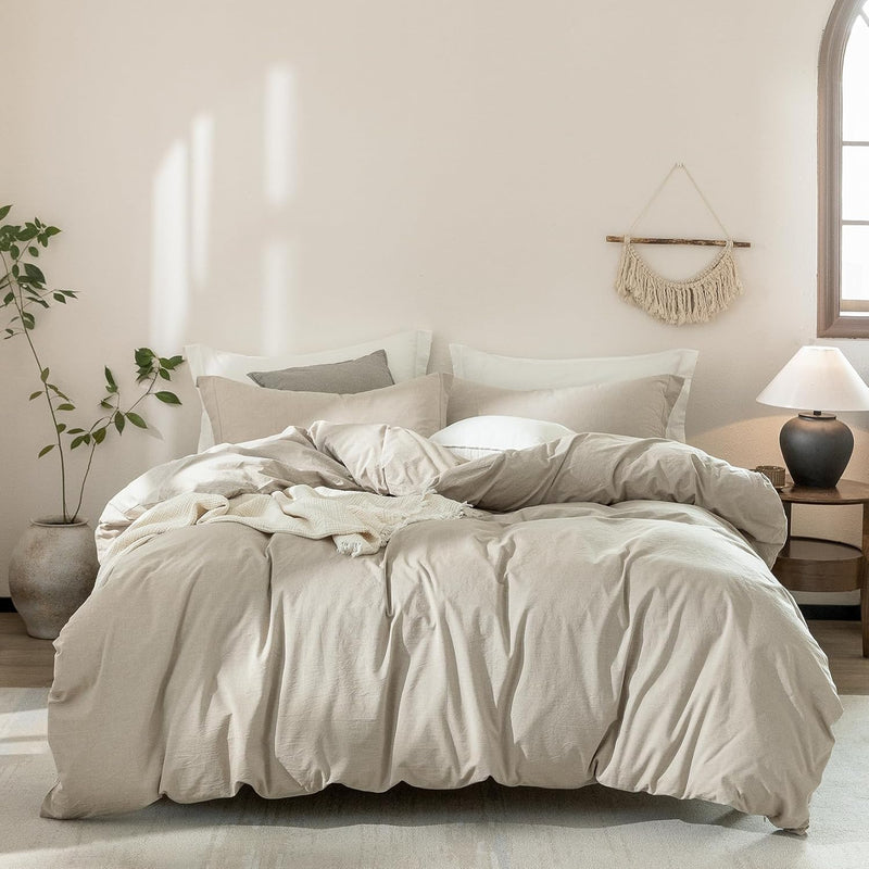 Stripe Duvet Cover Super King Plus Size 120inch x 120inch, 100% Washed Cotton Linen Feel Duvet Cover with Zipper Closure and 2 Pillowcases, Color of White-Dark Grey Stripe