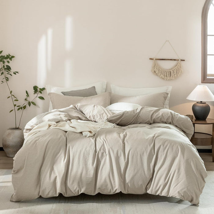 Stripe Duvet Cover Super King Plus Size 120inch x 120inch, 100% Washed Cotton Linen Feel Duvet Cover with Zipper Closure and 2 Pillowcases, Color of White-Dark Grey Stripe