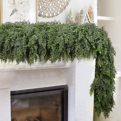 9FT Thick Christmas Garland with 240 Cedar Branches, Real Touch Green Cedar Garland for Christmas Decorations, Artificial Greenery Garland for Table, Mantle, Wall, Indoor, Outdoor Holiday Decor