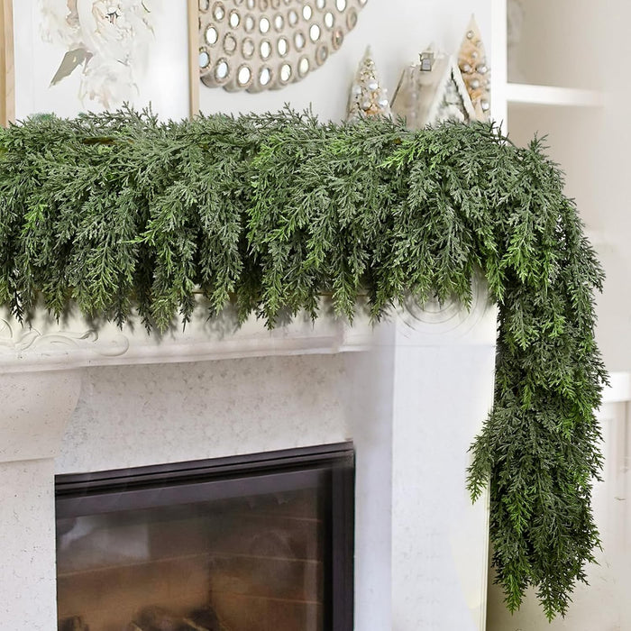 9FT Thick Christmas Garland with 240 Cedar Branches, Real Touch Green Cedar Garland for Christmas Decorations, Artificial Greenery Garland for Table, Mantle, Wall, Indoor, Outdoor Holiday Decor