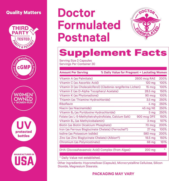Pink Stork Total Postnatal Vitamins for Women – Berry Flavored Postpartum Multivitamin with Vegan DHA, Iron, Folate, B12 & Nutrients – Breastfeeding Support & Daily Wellness – 1 Month Supply