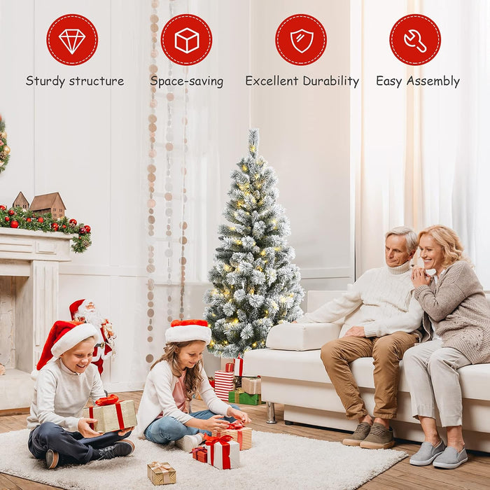 DORTALA Pre-lit Christmas Tree, 5FT Snow Flocked Pine Artificial Xmas Tree with Remote Control, 279 Branch Tips, 140 LED Lights, 9 Lighting Modes, Foldable Metal Stand, White
