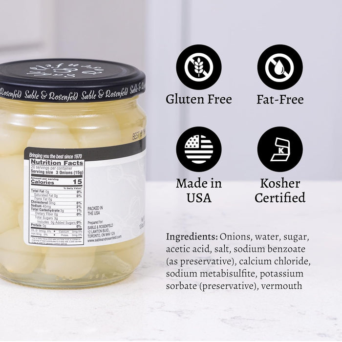 Sable & Rosenfeld Vermouth Tipsy Onions, 10.9 oz (Pack of 6), Gourmet Pickled Silverskin Cocktail Onions in Jar, Kosher, Gluten-Free Martini Garnish