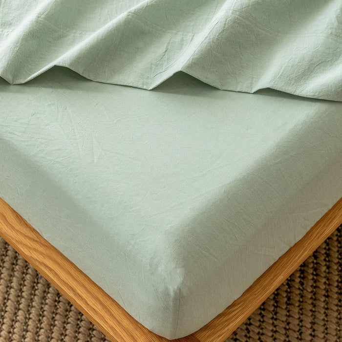MooMee Fitted Bottom Sheet Only 100% Washed Cotton Linen Like Textured Breathable Durable Soft Comfy Deep Pocket Fits Mattress up to 17" (White Dark Grey Wide Stripes, Queen)
